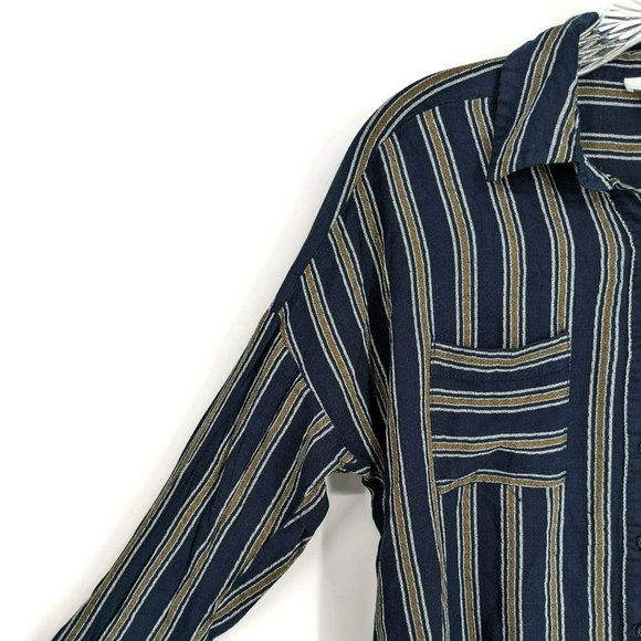 BP Nordstrom Button Front Blouse S Navy Mustard Striped Long Sleeve Patch Pocket - Picture 4 of 14